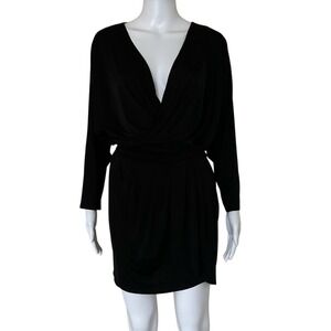 KRISA Revolve Black Long Sleeve Deep Plunge V Neck Drape Skirt Mini Dress XS